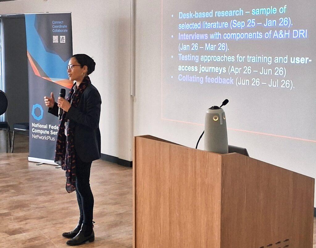 Karina Rodriguez from the University of Brighton speaking about the "Federation of compute and infrastructures in the Arts and Humanities" project